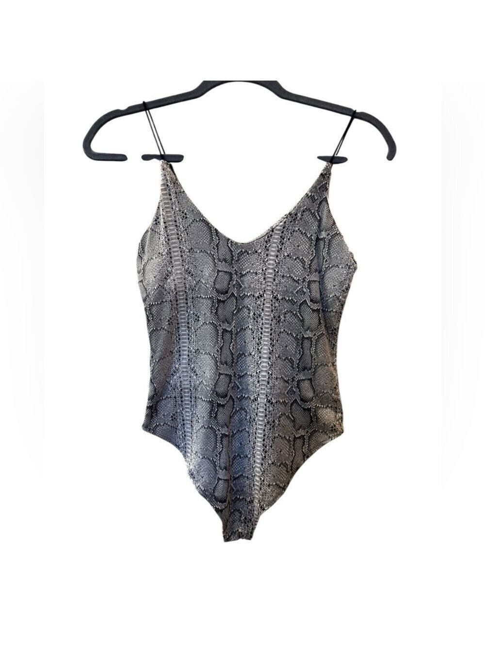 Gaze Women’s Snake Python Bodysuit V Neck Spaghetti Straps Gray White Size: XS